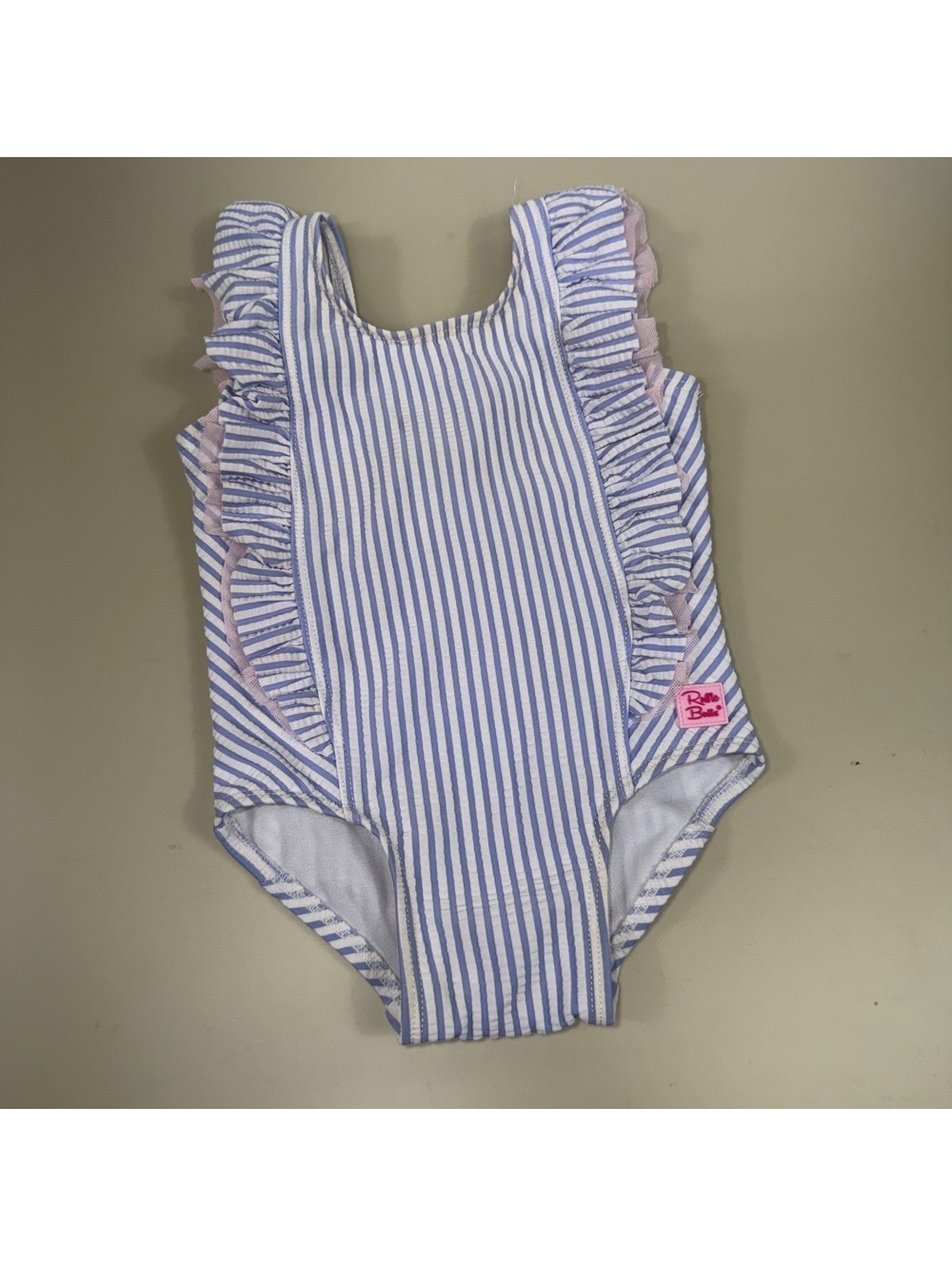 RuffleButts Girls 6-12M Blue Seersucker Ruffle Swimsuit